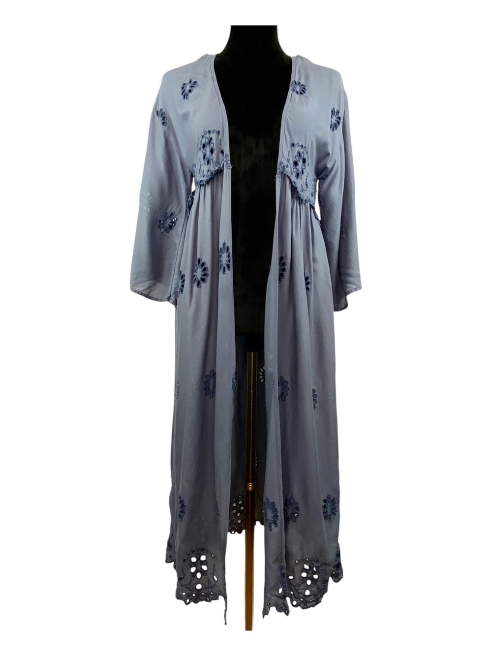 Boho Eyelet Lace Duster Kimono Cardigan Gray Blue Open Front S/M
